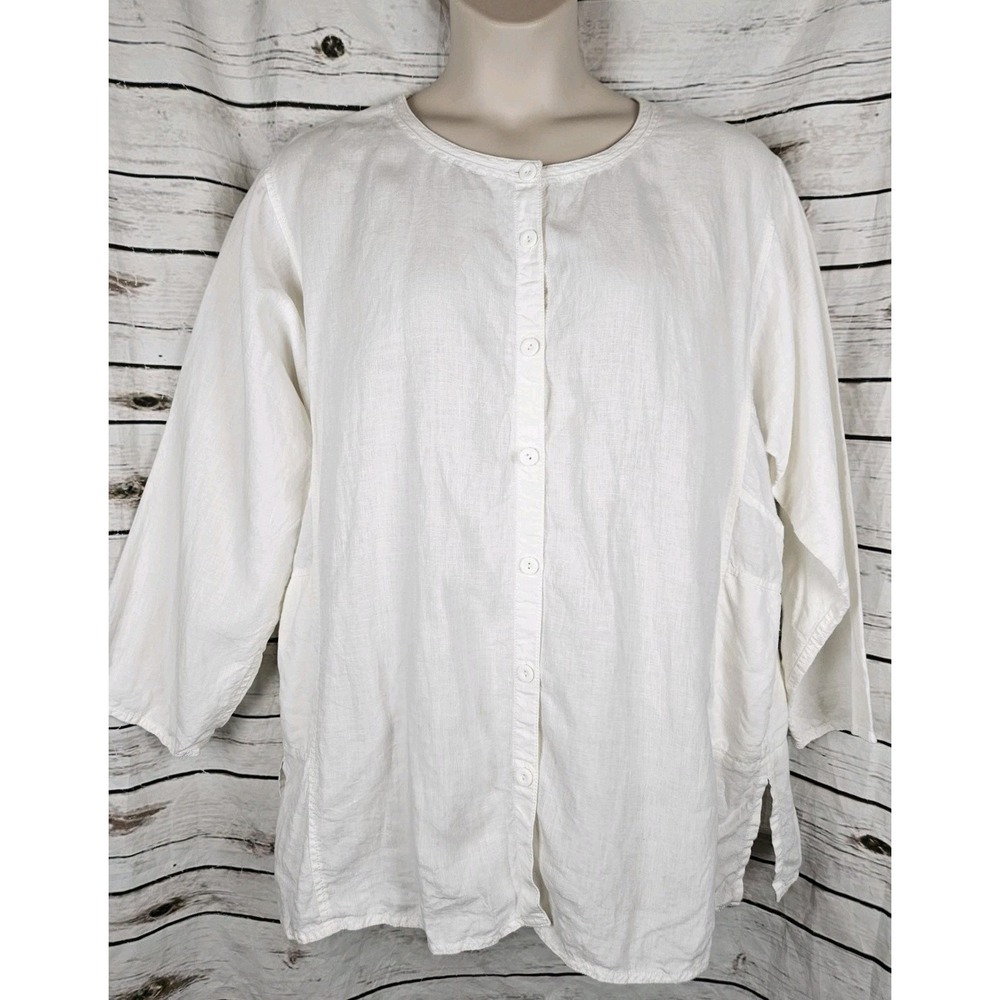 Eileen Fisher 100% Linen White Tunic Top 1X Button Up Lagenlook Womens